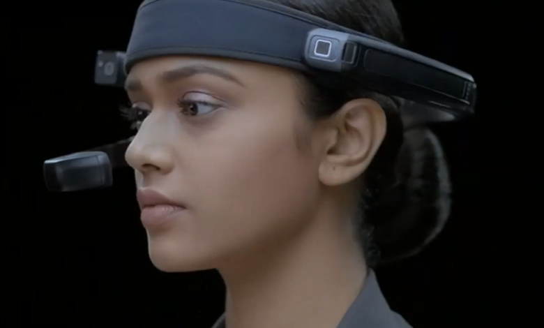 woman wearing AR headset